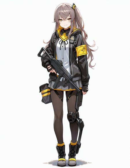 Volumetric Lighting, (masterpiece), (best quality), (ultra-detailed), masterpiece, source_anime, score_9, score_8_up, score_7_up BREAK, illustration, disheveled hair, detailed eyes, perfect composition, moist skin, intricate details, detailed eyes, detailed face, detailed fingers BREAK, UMP45, brown hair, long hair, one side up, yellow eyes, scar across eye BREAK, UMP45def, def_hair_ornament, def_scarf, def_hooded_jacket, def_thigh_straps, def_knee_pad, def_exoskeleton, def_shirt, def_skirt, def_fingerless_gloves, def_pantyhose, def_neck_ribbon, def_armband, def_boots BREAK, ((white background)), looking at viewer, smile, closed mouth, standing, shadow, holding, holding weapon, holding gun, submachine gun, heckler & koch, h&k ump