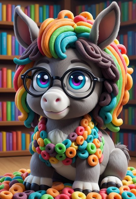 a cute chibby donkey with big rainbow eyes made made of fruit loops, very detailed, 4k, sharp, (wearing glasses), intelligent donkey, library background