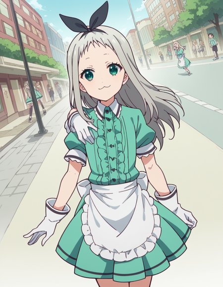 score_9, score_8_up, score_7_up, source_anime, <lora:hideri-kanzaki-s1-ponyxl-lora-nochekaiser:1>, hideri kanzaki, long hair, bow, green eyes, hair bow, grey hair, male focus, hairband, black hairband, otoko no ko, forehead,, gloves, dress, short sleeves, frills, puffy sleeves, white gloves, apron, puffy short sleeves, waist apron, white apron, frilled apron, waitress,, city street, evening, streetlights, walking dog, quiet neighborhood, gentle breeze, smile, looking at viewer, foot on ground, hand on shoulder, elbow out, solo,, cowboy shot, dutch angle