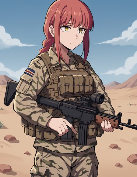 score_9, score_8_up, score_7_up, source_anime, <lora:chainsaw-man-makima-s1-ponyxl-lora-nochekaiser:1> makima, long hair, bangs, yellow eyes, braid, red hair, braided ponytail, ringed eyes, medium breasts,, <lora:military-combat-uniform-ponyxl-lora-nochekaiser:1> military combat uniform, camouflage jacket, camouflage, load bearing best, camouflage pants, soldier, bulletproof vest, combat helmet, assault rifle, rifle,, desert, sun, blue sky,, cowboy shot,