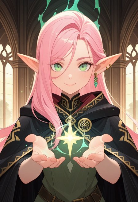 masterpiece, best quality, amazing quality,,<lora:afkArenaIllustrious:1>
afkarenastyle,
1girl, female elf, solo, casting spell, magic aura, portrait, female focus, pink hair, green eyes, slim, long hair, hair swept to one side, light skin, smile, looking at viewer, outdoors, beautiful, black cloak with gold trimming, earrings, indoors, arcane library