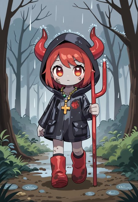 score_9, score_8_up, score_7_up, BREAK
highres, highly detailed, high resolution, high quality, 
source_anime, anime screencap, saturation, vivid colors, 
1girl, solo, luce, full body, standing, demon girl,
(dark red hair:1.2), (big dark red eyes:1.1), medium hair, cute, (grey skin:1.1), (horns:1.2), 
(long black raincoat:1.1), dirty black rubber boots, 
pentagram necklace, holding red trident, 
forest background, path, rain, 
hds style, cel shading, linear hatching
