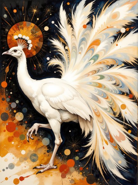 Surrealism themed artwork depicting white-toned peacock displaying huge striated glass tail, orange sparks, steampunk, intricate black and orange ebru, impossible, billowing bright dust, very detailed. The overall feel of the image is of clarity and balanced space, with distorted people and items interacting in unusual ways. Additionally the image incorporates elements of mixed media including flowing lines drawn with fine pens and appliqued copperleaf. The general effect is of elaborate surreal and absurdist elements interacting with each other to produce timeless fine art elegance. <lora:Paper_Marbling_Flux:0.5> <lora:Eldritch_Watercolor_for_Flux:0.5> <lora:midjourney_whisper_chromaplex_v1:0.4> <lora:Eldritch_Paint_Sketch_for_Flux_1.0.5:0.4> <lora:FLUX.1-DEV_-_Decadence_style_LoRA:0.5>