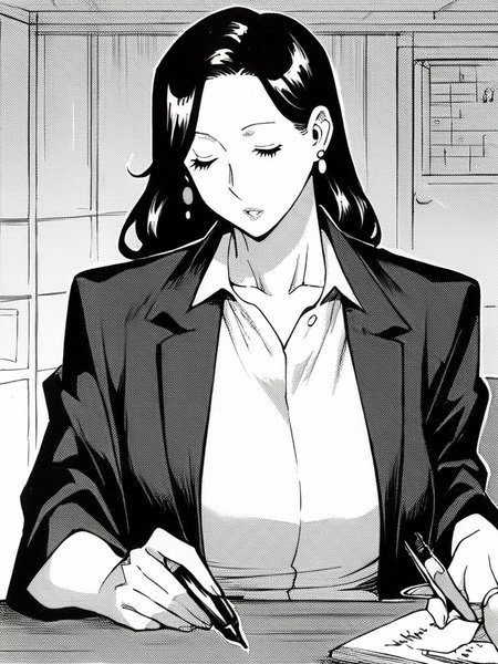 score_9, score_8_up, score_7_up,  
1girl, monochrome, asano shizuka, mature female, long hair, black hair, large breasts, earrings,


sitting, at desk, writing, holding pen, closed eyes, parted lips, upper body, white shirt, collared shirt, black jacket, 