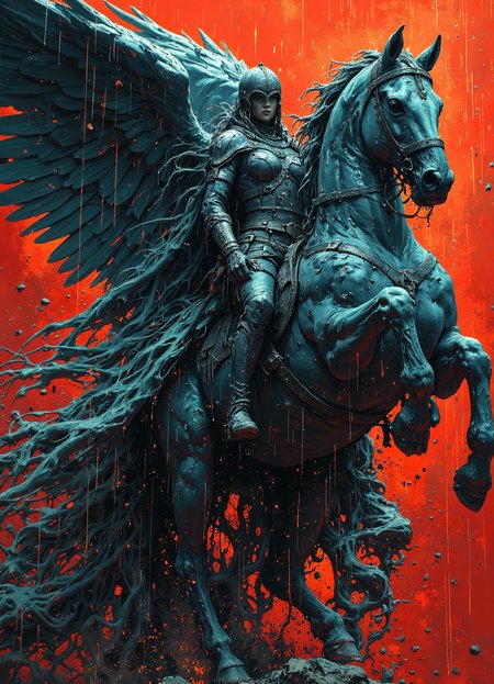 <lora:flux\aidmaMJ6.1-FLUX-v0.4:0.3>aidmaMJ6.1,  valkyrie woman, winged helmet, flying horse,. (Digital rain (like in The Matrix). pop art style.:1.2)