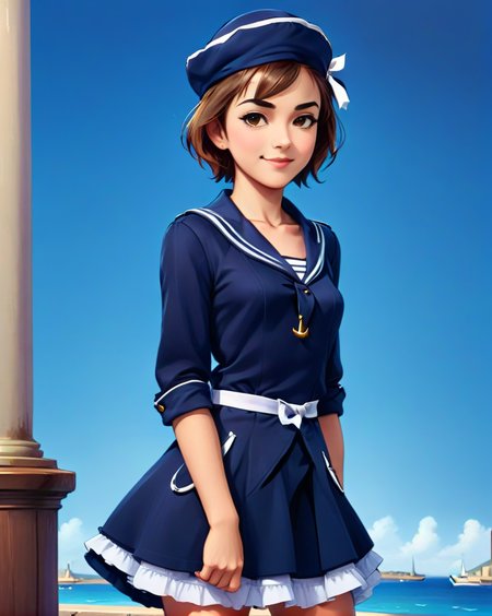 <lora:Navy_Sailor_Dress_SideCap_XL_v1-000020:0.8>, 1girl, brown hair, hat, jewelry, lips, short hair, navy sailor dress, solo, <lora:Perfect Hands:0.8>, Perfect Hands, <lora:HandFineTuning_XL:0.8>, sea port, full body, arms behind back, nidy, anime, drawing, thick eyebrows, french, smile , <lora:Vibrant_Noir_2:1>, novel illustration,