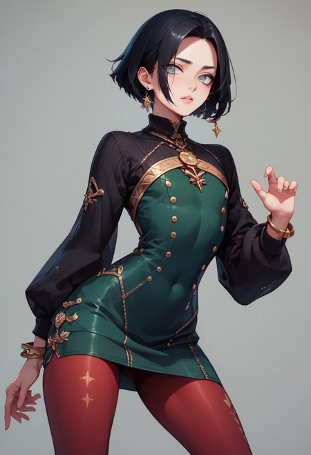 score_9, score_8_up, score_7_up, 1boy, femboy, otoko no ko, short hair, bob cut hair, black hair, grey eyes, gray eyes, feminine face, toned body, Shelly, 
bodycon dress, sweater dress, green dress, sleeves, neckline, red pantyhose, embroidered pantyhose, earrings, bracelets,  christmas hair ornament, 
highly detailed, intricate, zzCitronCAT, model pose, modelshoot