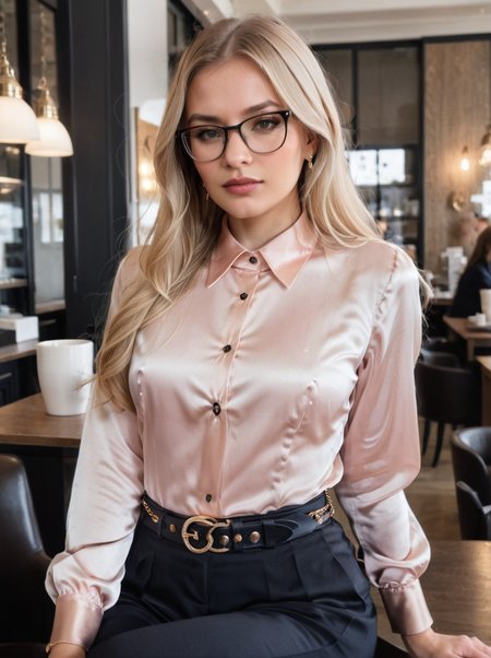 cinematic, volumetric lighting, very detailed, high resolution, sharp, sharp image, Aviva Sofia, wearing a magnolia satin collared shirt, black office trousers with a chain belt, sitting at a coffee store, long blonde hair, brown eyes, makeup, glasses, fine silk fabric emphasis, visible bright shirt buttons, <lora:CollaredShirt_SDXL:0.75>