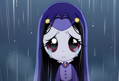 score_9, score_8_up, score_7_up BREAK MiseryRG, 1girl, black hair, black eyes, pale purple skin, tears trail, purple veil, yellow flower hairclips, white-collared purple buttoned dress, long purple sleeves, green spider neck cameo, looking at the viewer, dark rainy night outdoors, rainy night background,