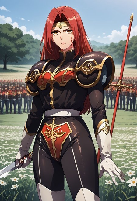 (score_9,score_8_up,score_7_up,BREAK source_anime,(masterpiece:1.2),best quality,very aesthetic,public indecency,absurdres),masterpiece,best quality,very aesthetic,absurdres,intricate details,fantasy,1girl,solo,
<lora:fana_p_v1:1>,fana,sword,circlet,red hair,yellow eyes,holding_sword,serious,<lora:Fixhands_anime_bdsqlsz_V1:1> BREAK blood,blood on clothes,sword,flower,armor,polearm,holding weapon,holding,field,helmet,outdoors,army,soldier,spear,solo focus,6+boys,battlefield,, masterpiece,best quality, very aesthetic, absurdres, ultra detailed, high resolution, 4k, extremely detailed CG,