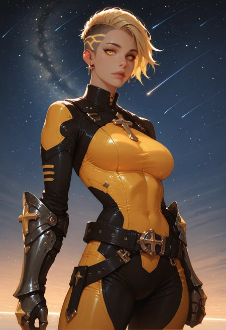 1girl, solo, blonde hair, jewelry, earrings, yellow eyes, star \(sky\), short hair, breasts, star \(symbol\), gauntlets, undercut, bodysuit, sky, starry sky, medium breasts, looking at viewer, belt, cross, cowboy shot, standing, shooting star, night, night sky,, masterwork, masterpiece, best quality, dynamic lighting , dynamic pose,,  dynamic angle, , , (realistic:1.2), (lineless:1.2), detailed, <lora:Detailer_NoobAI_Incrs_v1:1>, , aged up, adult,