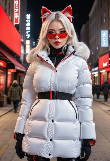 ((((padded down coat)))), ((((padded puffer coat)))), ((((padded winter clothes)))), ((((very cold)))), ((((puffer hood up)))), ((((full body)))), beautiful, masterpiece, 1girl, mature female, (((white long hair))), (((red eyes))), cat ears, large breasts, gloves, chest harness, (((half face mask))), army, Red digital camouflage, steam, cyberpunk, city, neon lights, pressure squeezing cuffs, pressure squeezing collar, (Thick padded cuffs:1.4), (Thick padded collar:1.4), <lora:Collar-SDXL:0.75>, <lora:Cuffs-SDXL:0.75>, <lora:fashion_lora:0.6>