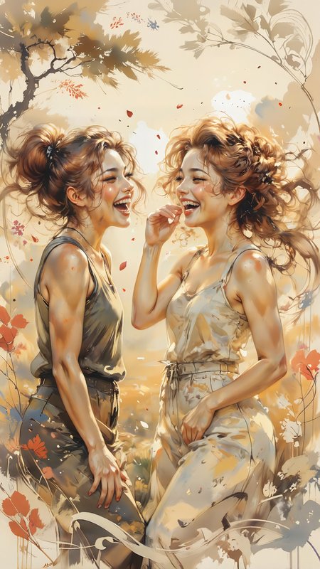 High-quality semi-realistic anime illustration with Art Nouveau influences, soft painterly shading, flowing organic lines, expressive character interaction. Two young women engage in a playful moment, laughter in their eyes as they tease and challenge each other. Their body language is full of energyâone woman leans slightly forward, resting her hand gently on her hip, while the other tilts her head back, touching her hair in a relaxed, effortless motion. Their gestures are subtle and natural, ensuring accurate hand proportions and avoiding overly complex finger positioning.  
Their hair is beautifully detailed, flowing with movementâone has long, wavy chestnut locks intricately braided along the sides, while the other has thick, voluminous curls gathered into a high ponytail, with delicate strands escaping around her face. The natural texture of their hair is emphasized with rich, soft shading, individual strands catching the warm sunlight. Their skin is fresh, untouched by makeup, glowing with natural highlights.  
The background is a soft blur of Art Nouveau-inspired organic patterns, flowing like wind through an open landscape. Warm golden light filters through, casting soft shadows, enhancing the depth and warmth of the scene. Gentle petals or leaves swirl around them, adding to the whimsical energy of their playful exchange.  
The scene captures the essence of carefree friendship, a moment of pure connection and laughter, expressed through dynamic movement, expressive hair detail, and warm, natural beauty, with simplified and relaxed hand gestures to ensure accuracy and realism.   <lora:Mystic-Fusion_v10:1.0> <lora:ILLUSTRATION_(FLUX)_-_V3.1:0.6> <lora:Oil_Painting_style,_textured_brush_strokes:0.8>