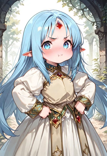 masterpiece, best quality, good quality, very awa, very aesthetic, absurdres, newest, gr4ph1t3, beautiful eyes, perfect eyes, detailed eyes, 1girl, solo, eset_kalar_il ,pointy ears,blue hair,long hair,red gem forehead, cute, looking at viewer, blush, pout, annoyed, full face blush, cheeks puffy cheeks, very cute, hands on hip, leaning foraward, closeup, outdoors, intown, fantasy