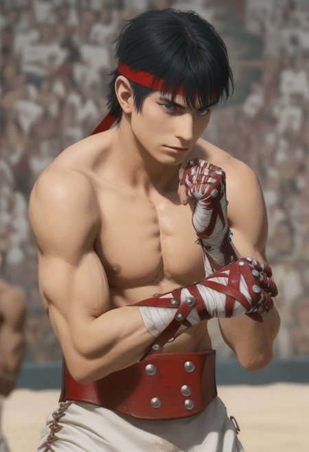 score_9, score_8_up, score_7_up, 1boy, cestanim, cestvs, red headband, short black hair, bangs, blue eyes, cestus, bandaged hands, studded red gloves, red belt with three studs, plain white kilt, red sandals, toned body, bandaged ankles