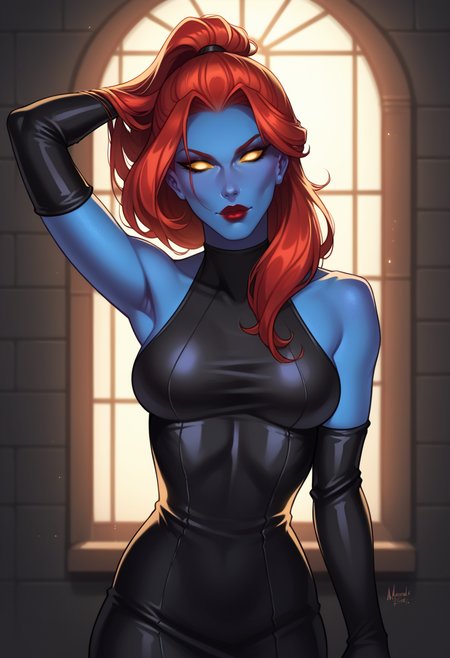 score_9,score_8_up,score_7_up, 1girl, solo, mystique, yellow sclera, blue skin, no pupils, medium breasts, black tight dress, ponytail, black elbow gloves,lips, red lipstick, redhead, upper body, looking at viewer, hand in hair, dynamic lighting, indoors,
<lora:Enia_-_Artist_style_model_by_SulfurSniffer-000005:0.8> ss-3n1a, <lora:mystique-guy-v1PONY:0.7>