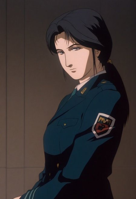 1girl,solo,mm,mature female,black hair,ponytail, uniform ,retro_artstyle,ANIME coloring,masterpiece,best quality,