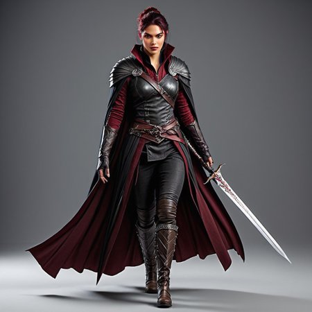 This towering figure is a force of nature, her body a perfect blend of power and grace. Her skin is dark, covered in deep crimson scales that ripple with each movement, showing off the dense muscles beneath. Her chest is broad and defined, her arms and shoulders bulging with veins, while her forearms are thick, powerful, and marked with dark, intricate runes that glow faintly in the shadows. Her face is hardened, with high cheekbones and a strong, angular jaw. Her eyes burn with an infernal light, giving her an unearthly presence. Her clothing is minimal but practical—tight, black leather wrapped around her waist and chest, leaving her arms and legs exposed for freedom of movement. A long, black cloak drapes from her shoulders, hiding an array of small, deadly throwing blades. Her boots are armored, sharp spikes jutting from the knees. She wields a jagged, serrated sword in one hand, the blade humming with dark energy. Silent and unstoppable, she strikes fear into even the bravest hearts.