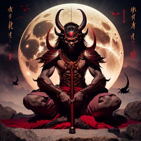 photo, illustration of a demon sitting in front of a full moon (FantasyDaimyo style:1)  <lora:djzFantasyDaimyoV21:0.8>