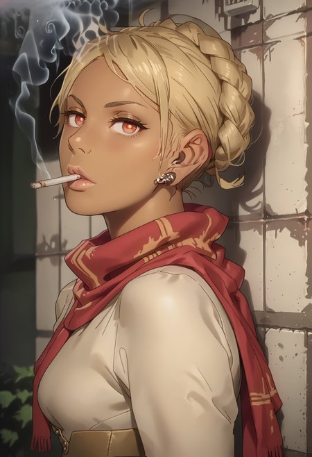 score_9, score_8_up, score_7_up, score_6_up, 1girl, looking at viewer, holding cigarette, blowing smoke, smoke, cigarette, Leaning back, back on wall,  kurenai_deca, blonde hair, red eyes, braid, earrings, scarf, dark-skinned female,  outdoors, <lora:kurenai_deca:0.8> <lora:MoriiMee_Gothic_Niji_Style__Pony_LoRA_V2_Alt:0.6> morimee_style,  <lora:smoking4:1>