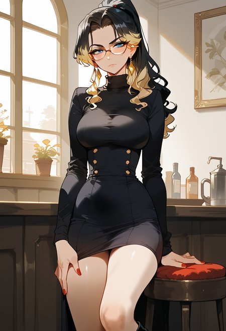 score_9, score_8_up, score_7_up, 1girl, solo,, mature score_9, score_8_up, score_8, rating_explicit, tall girl,  wavy hair, long hair, black hair with blonde highlights, ombre hair, straight hair, blue eyes, glasses, slim figure, red painted nails, black turtleneck dress, cleavage window, midriff, pvc skirt, knee high boots, narrow waist, skinny, solo, earring, earring, ponytail, one hand on thigh, one foot raised on stool,  tall, intimidating, sexy features, seductive, portrait view, face focus, BDSM background,