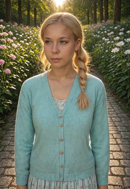 1girl, solo, sitting on the steps of an old stone fountain in a quiet European plaza, early morning light, soft pink and orange tones in the sky, blonde hair tied in a loose side braid, blue eyes looking into the distance, wearing a light cardigan and skirt in soft pastel hues, cobblestone street, small flower stalls in the background, sleepy village vibe, painterly anime style, gentle breeze, fallen petals on the ground, soft glow on skin, subtle bloom effect, highly detailed, best quality, 8k, highres, masterpiece, tranquil and cinematic atmosphere, score_10, 🌼