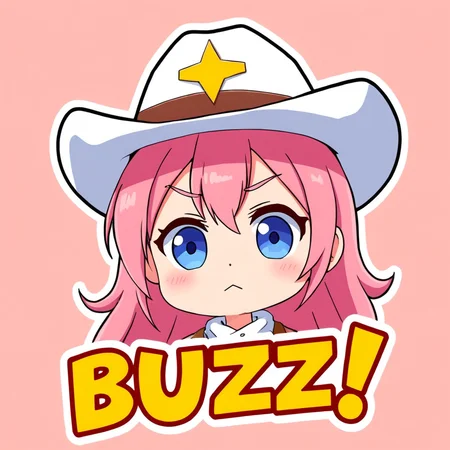 emoticonstyle, 'BUZZ!" text in red bubble letters, solo, 1girl, upper_body, pink_hair, white_background, blue_eyes, cowboy_hat, cute,  <lora:EmoticonStyle:1>