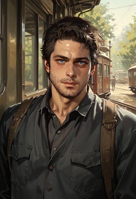 score_9, score_8_up, score_7_up, score_6_up, Expressiveh, Th1sUs3r, ph4nt0m01l, 1boy, solo, portrait, upper body, looking at viewer, front view, short black hair, black beard, blue eyes, casual outfit, standing, Victorian train station