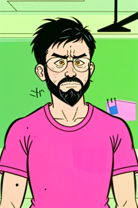 <lora:Mission_Hill_Style_-_1999-000011_11:0.95>, <lora:l_32:-0.55>, 1boy, glasses, beard, unhappy, missing tooth, messy, pink shirt, <lora:LCM_SD15:1.0>
