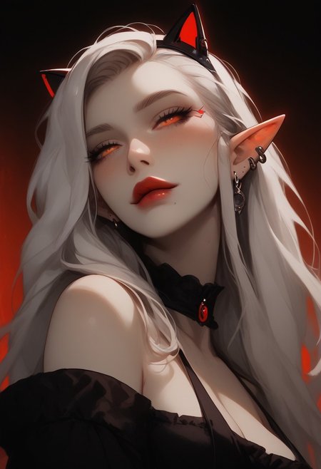 (score_9, score_8_up, score_7_up), 1egirl, solo, 20 year old,She's lying on her back
, white long hair, 1girl, elf, condescending look, pale white skin, petit, very white skin, two colored hair ((red and white hair)), red glowing highlights, Undercut right side, freckles, very detailed face, black lipstick, red fire eyes, wet skin,( slingshot string:1.2), black mini skirt, big thighs, grabbing her own boobs, ((We are looking from before her face)),skimpy hips, volumetric lighting, vibrant colors, kneeling before fireplace, kneeling, spread legs, lilandavastyle, OverallDetail, Expressiveh, fFaceDetail, g0thicPXL, glowing, neon,  view from front, below shot, focus on face, depth of field, cat onesie, natural big boobs, (j-cup), natural physics, Goth, cyberpunk horns, grabbing boobs, bite lower lip, super detailed skin, black nipple piercings, Focus on face,( no penetration:1.3), energetic pose, fishnet thighhighs, no pants, underboobs