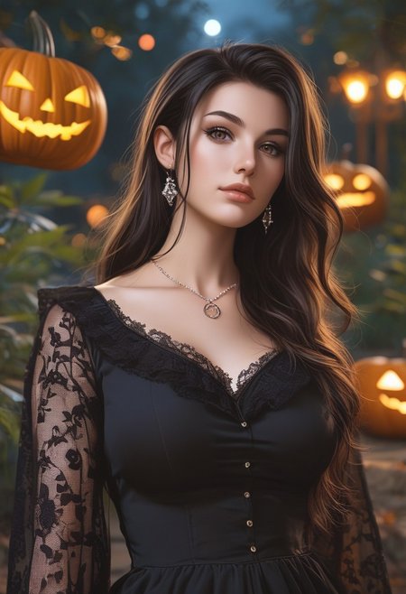 score_9, score_8_up, score_7_up, score_6, ultra detailed, side view, whr0b1n
BREAK
A witch in a long black dress stands by a altar in the forest. her long hair catches the night breeze moving through the ancient forest. magic bats fly in the air. a pentagram glows on the ground below her. sheis casting Pumpkin spell. candles and crystals cover the altar.
BREAK
 minomi, one beautiful girl, yen_w3, mature female, femme fatal, milf, perfect hands, brown eyes, long black hair, pentagram necklace, black thighhighs, lace thighhighs, thick, curvy, reij-bewitched, modern magician interior, alchemist interior, gothic, night, neon light, dark dimmed light, looks at the viewer, (floating pumpkins:1.2), upper body, (front view:1.2), from below, reij-drkrt, dark colored shadow, neon details, low contrast, (purple color grading), <lora:reij-darked:0.5>
 (((((upper body))))), dynamic pose
 <lora:Dynamic Poses:1>
 <lora:detailed_notrigger:1>
(((full clothed)))
<lora:DandonFuga_Style_v.2_-_Pony:0.8>