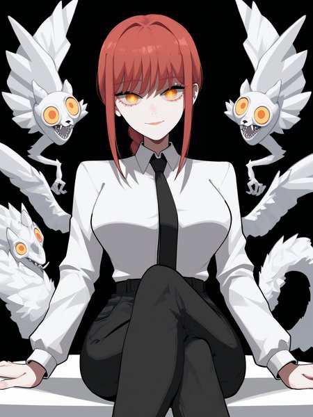 score_9, score_8_up, score_7_up, score_6_up, score_5_up, score_4_up,
BREAK
makima \(chainsaw man\), red hair, yellow eyes, braid, looking at viewer,
BREAK
sitting, crossed legs, large breasts, white collared shirt, black pants,
BREAK
black background, <lora:Lunas-MinLona-SDXL-A1:1>