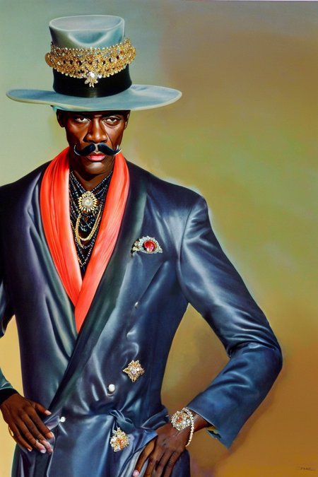 a 1977 NYC black man with a mustache  is a pimp  wearing a fabulous hat and robe with sparkles and gems and carrying a cane SCG768-illustrate