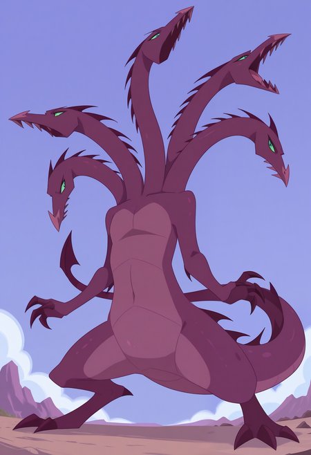 masterpiece,best quality,amazing quality, 1boy, solo, hydr4JL, hydra, purple skin, colored sclera, blue eyes, tail, full body, multiple heads,