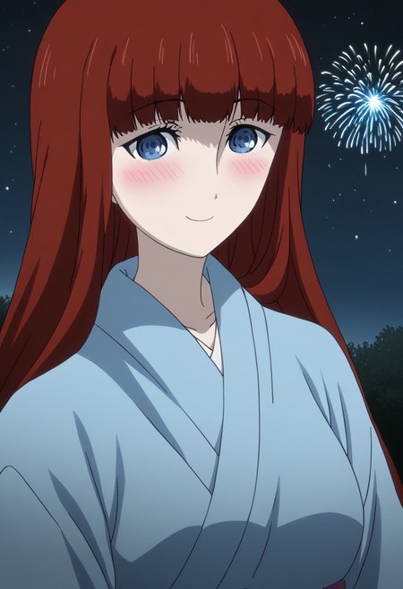 rating_safe, Ultra-high-detailed Anime illustration of Kagari Shiina from Anime Steins;Gate 0. 
The artwork features Kagari in a solo, standing position with a outdoors, flield, and night background. night time. night. stars.
She is depicted with intricate details showcasing her large breasts, natural_breasts. She is a white skinned, 22 years old woman. Kagari is looking_at_viewer with perfect_eyes, Her pupils are highly detailed. The eyes are open. blue eyes. Kagari's eyes are highlighted. Highlighted eyevrows. 
She has long hair, red colored hair, styled in blunt bangs and floating hair.
She is wearing a blue kimono and black shoes. japanese kimono, kimono.
The artistic style is intricate_details_xl with a focus on Anime art. The color palette emphasizes red and black with detailed strokes to bring out the character's features. The lighting creates dramatic shadows and highlights, adding depth to the artwork. The perspective is from a face focus, dutch angle to enhance the impact of the character's expression. This masterpiece is a true portrayal of Kagari's complex personality and will captivate any fan of Kagari. uncensored, upper body, blushing, smile, Kagari Shiina,
perfecteyes,
<lora:Steins_Gate:1>
kimono
happy new year!, Happy New Year golden fireworks, Happy New Years