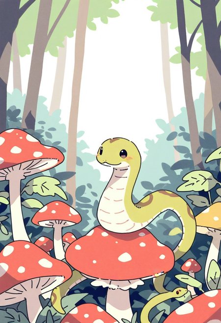 (masterpiece, best quality, high quality, highres), very awa, highres, absurdres,
(naguru \(cyoroama\), (chii-kun \(seedyoulater\):0.7), 
(snake:1.1),
(no humans:1.1), (cute:1.2), comfy, solo, cozy,
on huge mushroom, forest, sunny day, oo, sitting,