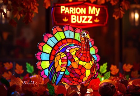 ultra-realistic, 3D image of a vibrant, neon-lit turkey crafted entirely from colorful glass, glowing with luminescent colors. Above the turkey, a stained glass sign reads 'Pardon My Buzz' in a bold, Thanksgiving-themed font. The entire scene is rich with warm, festive hues, bringing out the intricate details and radiant glow of each glass piece, making the turkey feel lively and celebratory, surrounded by soft hues of glass leaves, and seasonal vegetables, creating an artistic look.
