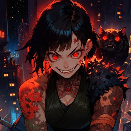 score_9, score_8_up, score_7_up, score_6_up, score_5_up, score_4_up, 1girl, solo, pale skin, red eyes, black hair, bangs, cleavage, 2 fangs, view from above, smile, earrings, legs, feet, sleeveless, arm tattoos, neck tattoos, 
city, night, stars,