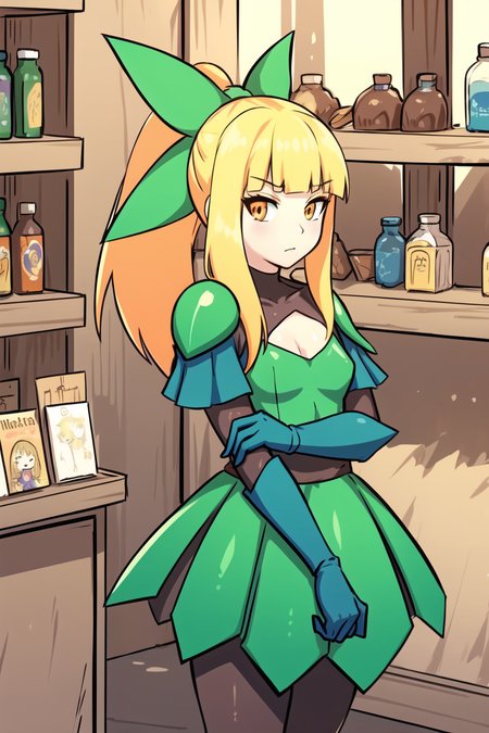 masterpiece, best quality,<lora:Fey_Fandeltales-000019:0.57>, 

Fey_Fandeltales, bangs, orange eyes,blonde hair, (armor, ponytail, shoulder pads) , small breasts, hair bow, 

bare arms, looking at viewer, ( Beautiful, purchasing items from shop) , thick outlines, clean outlines, cartoon
