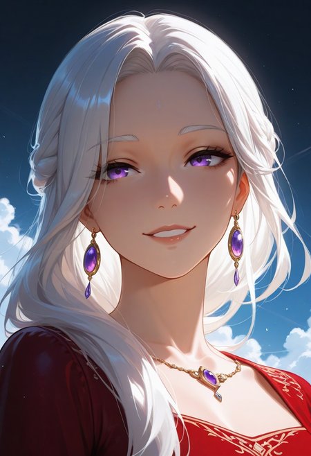 1girl, mature woman, older woman, mature, Aerea Targaryen, A song of Ice and Fire, DnD, Long Lustrious Hair, white Hair, Long white Hair, purple eyes, innocent eyes, young woman (between ages of 35-45), lovely smile, dark background, wearing a red dress, 1girl, childish features, sole girl, dynamic lighting, dynamic angle, cloud, volumetric lighting, blue sky, portrait, upper body,