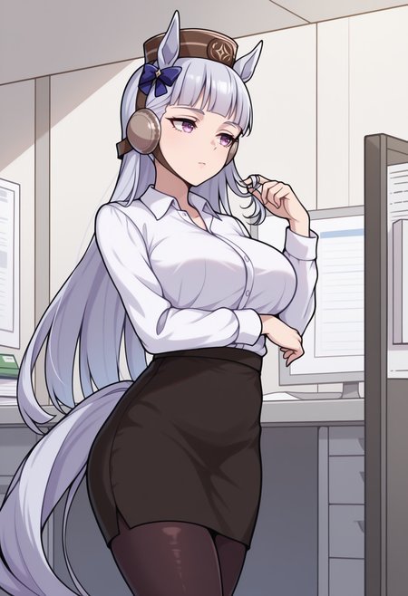 masterpiece, best quality, solo, 1girl, gdspdef, horse tail, expressionless, looking to the side, standing, index finger raised, twirling hair, playing with own hair, long hair, grey hair, blunt bangs, brown headwear, pillbox hat, animal ears, ear bow, purple eyes, white shirt, collared shirt, long sleeves, black skirt, pencil skirt, black pantyhose, indoors, office, cubicle
<segment:yolo-Anzhc Face seg 640 v2 y8n.pt,0.4,0.5//cid=1>