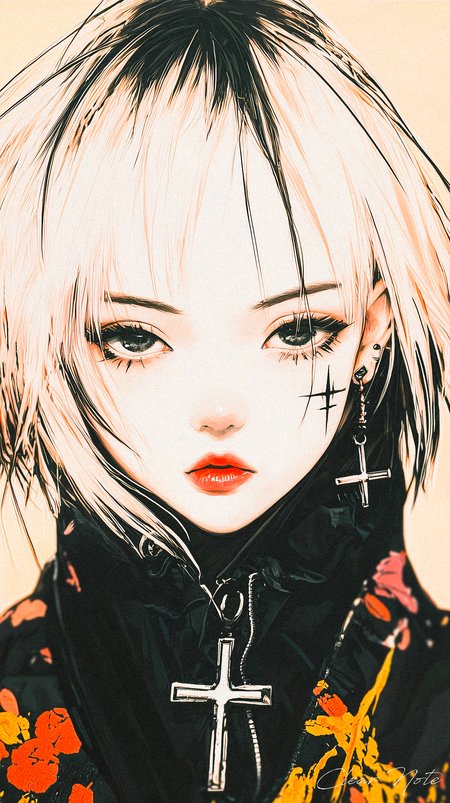 Japanese anime art style,
Pink pixie hair, a cross-marked face,
Earrings gleam with a rebel's grace.
In black, with blooms of yellow sewn,
Her icy stare chills to the bone.