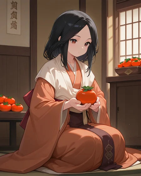 masterpiece, best quality,1girl,  indoors, 1girl, sitting, persimmon, black hair, divinechild, japanese clothes,  <lora:divinechild:0.8>