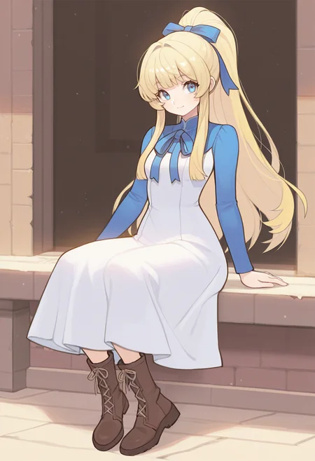 masterpiece, best quality,  <lora:Alpaca:1> 4lp4c4,  1girl, blonde hair, blue eyes, dress, long hair, smile, ribbon, ponytail, sitting, long sleeves, looking at viewer, boots, bangs, full body, solo, closed mouth, sidelocks