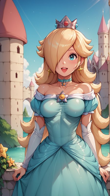 score_4,score_5,score_6,score_7_up,score_8_up,score_9 BREAK <lora:Princess_Peach_Shiny_Style_V3.0:0.7>,princess rosalina,1girl,solo,jewelry,earrings,long hair,breasts,very long hair,big hair,choker,blue dress,medium breasts,:d,outdoors,smile,open mouth,shiny,shiny skin,castle,puffy sleeves,