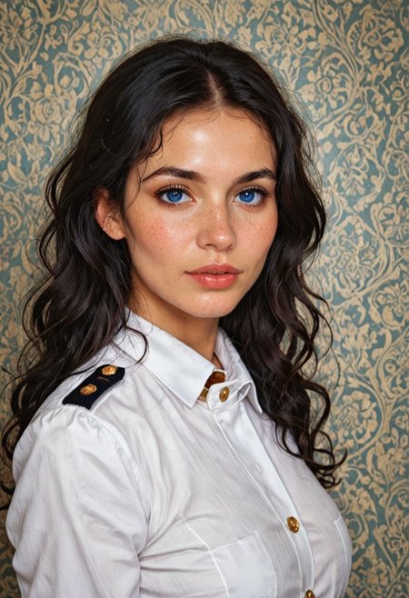 score_9, score_8_up, score_8_up, raw, 1girl,  blue eyes, wavy hair, large breasts,beautiful woman ,SajaniDG,,black hair ,seductive,white Navy uniform ,     (masterpiece) (best quality) (detailed) (8k) (HDR) (wallpaper) (cinematic lig,oil paintinghting) (sharp,zPDXL3 focus) (intricate)