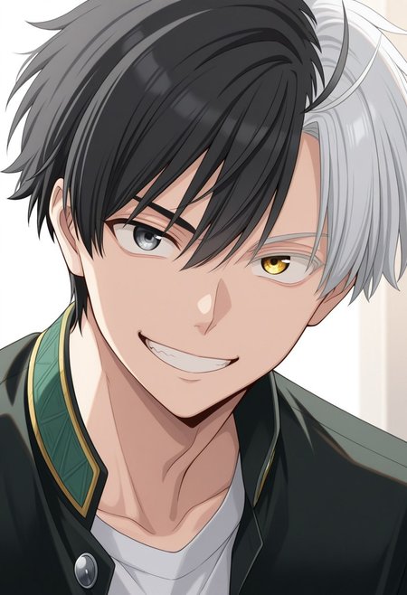 masterpiece,best quality,amazing quality, source_anime, 
sakuharuka, 1boy, male focus, solo, heterocromia, grey eyes, yellow eyes, split-color hair, black hair, white hair, school uniform, jacket, black jacket, smile, grin, portrait,