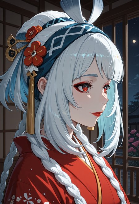 masterpiece, best quality, highres, absurdres, very awa, 1girl, solo, inaaum, white hair, twin braids, long hair, dark-skinned female, geisha, pale skin, makeup, red lips, nihongami, flower, kanzashi, hair ornament, japanese clothes, kimono, red kimono, portrait, indoors, looking ahead, red eyes, blue hairband, dark, shadow, night, lips, eyelashes, light smile, closed mouth