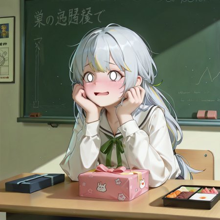 lazypos, character focused, anime girl, silver hair, long hairstyle, school uniform, white blouse, green ribbon, blushing face, nervous expression, sitting pose, classroom setting, bento box, handheld gift, comedic mood, awkward situation, soft shading, modern anime, expressive eyes, light background, subtle highlights, slice-of-life style, AkiFnStyle