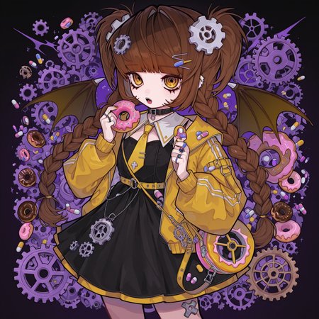 lazypos, tira_maid, demon wings, twin braids, jacket, brown hair, yellow necktie, ring, gears, pill, black dress, holding, doughnut